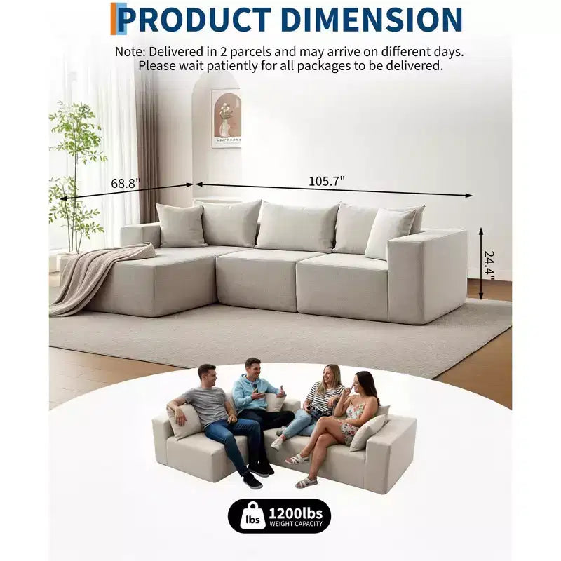 Divano componibile modulare GustoWave 108 con chaise longue | Sofà a L soffice e compresso per soggiorno | Design divano letto, Beige