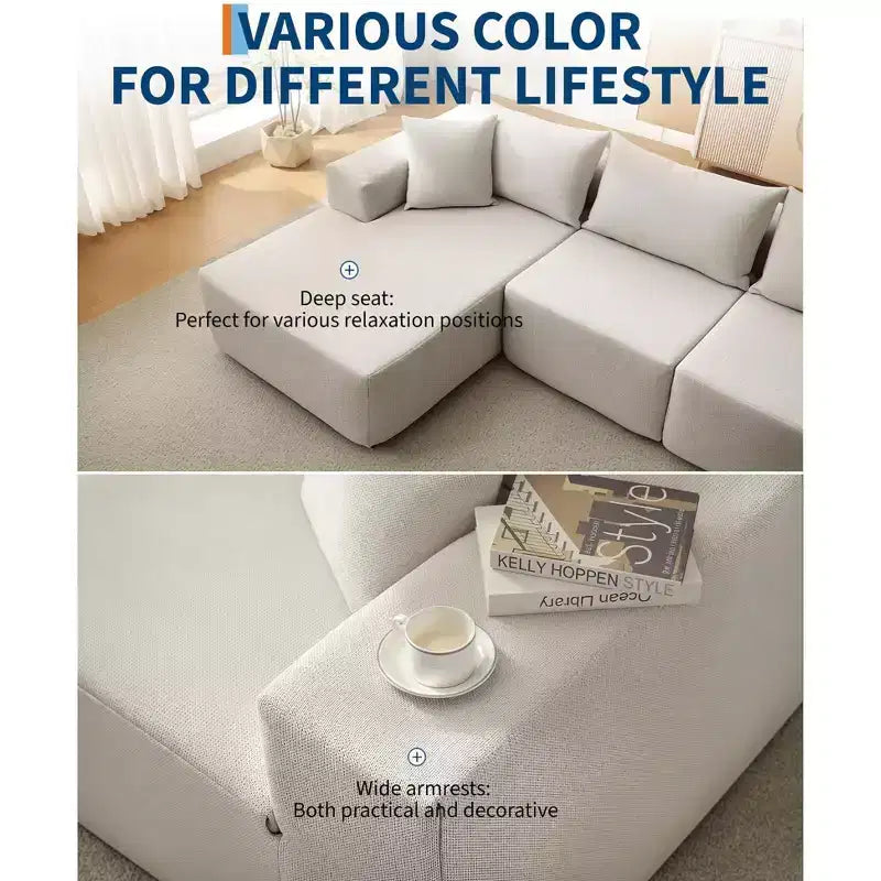 Divano componibile modulare GustoWave 108 con chaise longue | Sofà a L soffice e compresso per soggiorno | Design divano letto, Beige