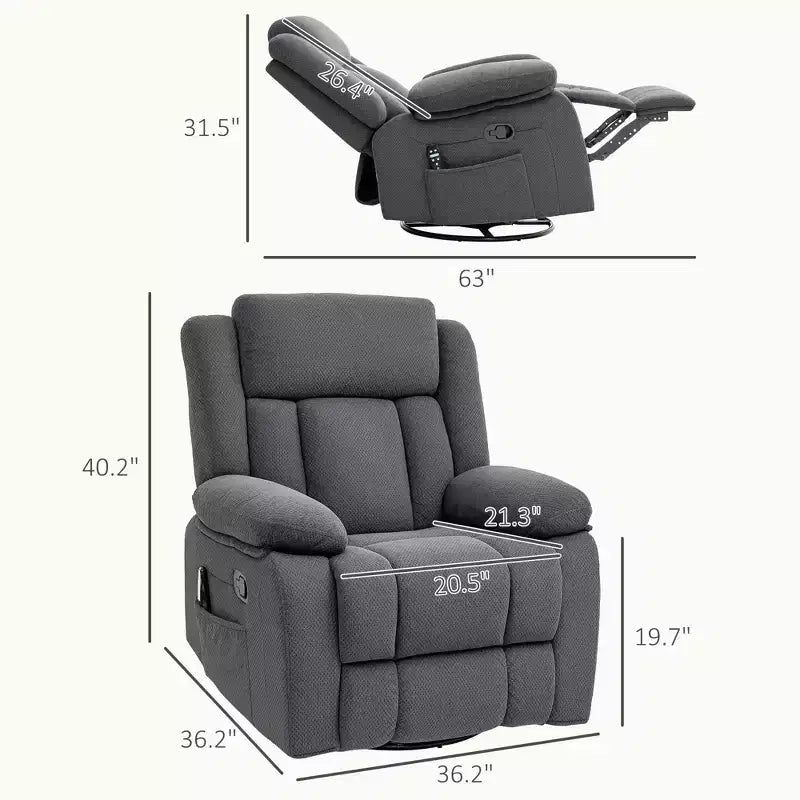 Poltrona Reclinabile Massaggiante con Calore, Poltrona Girevole Reclinabile Oversize con Poggiapiedi, Telecomando e Tasche Laterali, Grigia