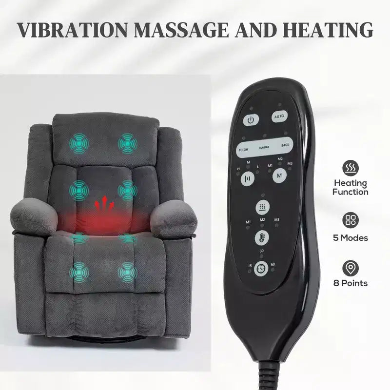 Poltrona Reclinabile Massaggiante con Calore, Poltrona Girevole Reclinabile Oversize con Poggiapiedi, Telecomando e Tasche Laterali, Grigia