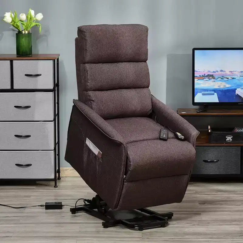 Poltrona relax elettrica con massaggio vibrante, reclinabile in tessuto per anziani con telecomando e tasche laterali, marrone