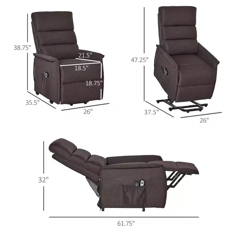 Poltrona relax elettrica con massaggio vibrante, reclinabile in tessuto per anziani con telecomando e tasche laterali, marrone