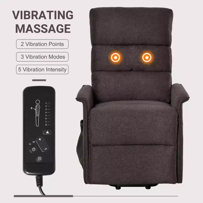 Poltrona relax elettrica con massaggio vibrante, reclinabile in tessuto per anziani con telecomando e tasche laterali, marrone