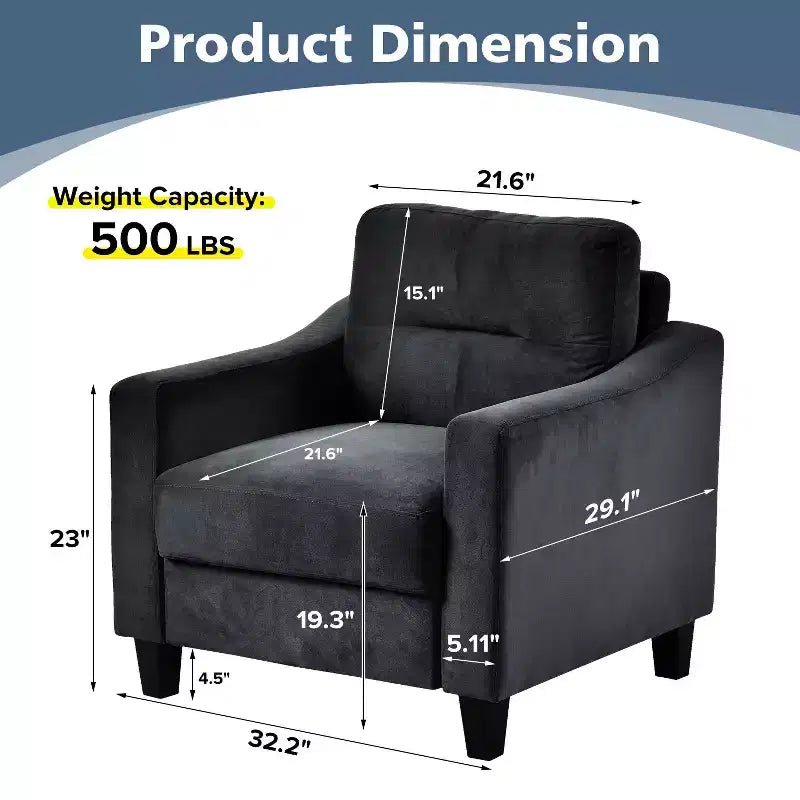 PexFix Poltrona singola in velluto imbottita, divano componibile, poltrona moderna con braccioli e gambe in legno per soggiorno, camera da letto, ufficio, nera