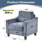 PexFix Divano singolo imbottito in velluto, divano componibile, poltrona moderna con braccioli e gambe in legno per soggiorno, camera da letto, ufficio, grigio