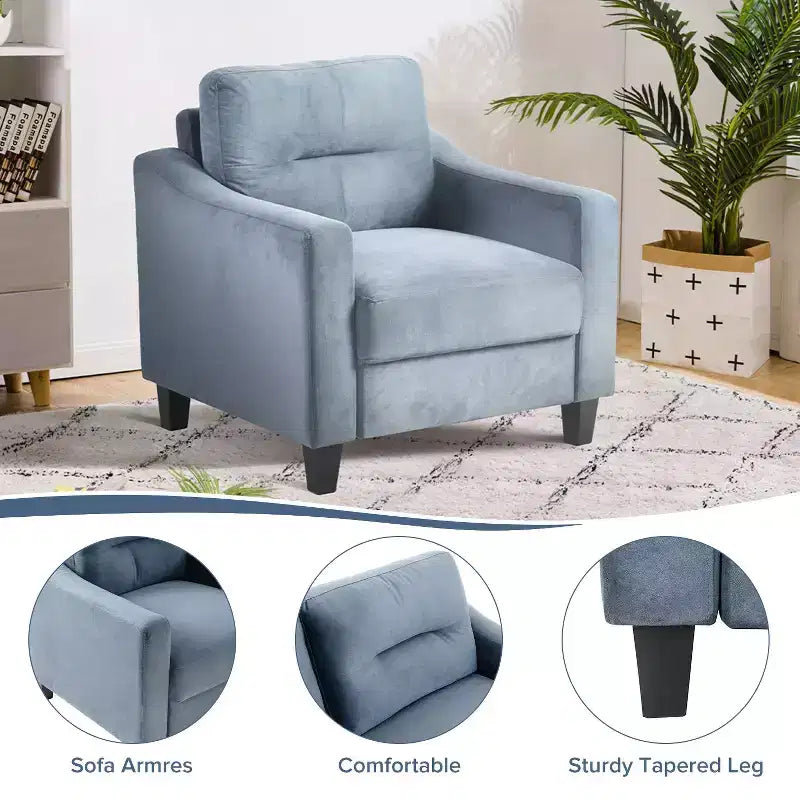 PexFix Divano singolo imbottito in velluto, divano componibile, poltrona moderna con braccioli e gambe in legno per soggiorno, camera da letto, ufficio, grigio