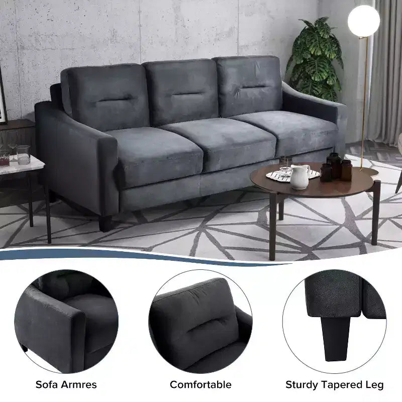 Divano componibile a 3 posti PexFix con molle a "U" e struttura in legno massello, divano imbottito in velluto in stile Mid-Century per soggiorno, camera da letto, ufficio, nero