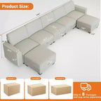 140 Divano Sezionale Grande a U con Pouf Chaise Longue, Divano Sezionale Modulare Convertibile con Pouf a 7 Posti per Soggiorno, Ufficio, Beige