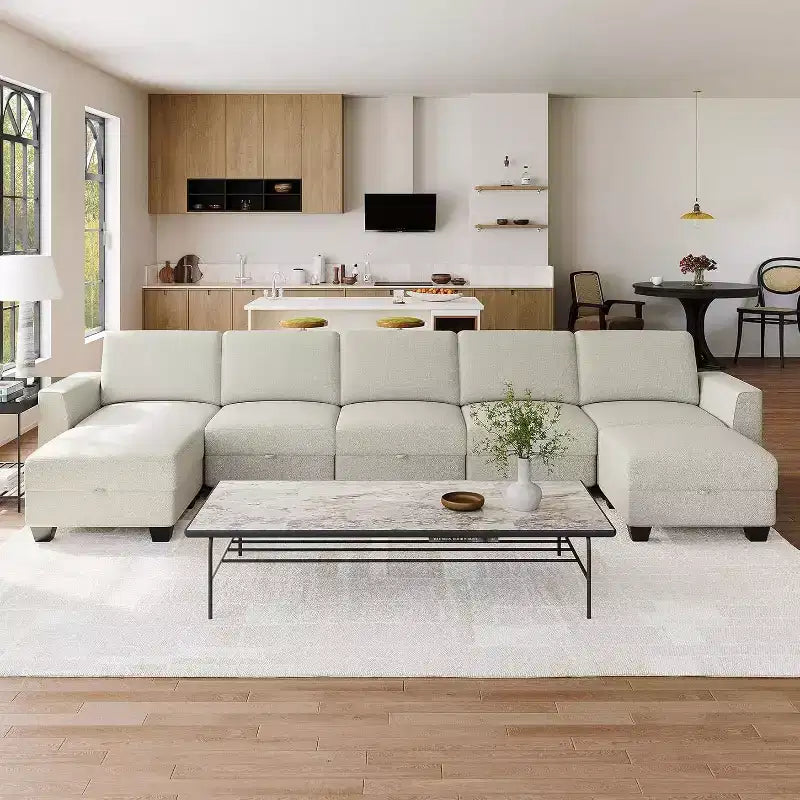 140 Divano Sezionale Grande a U con Pouf Chaise Longue, Divano Sezionale Modulare Convertibile con Pouf a 7 Posti per Soggiorno, Ufficio, Beige