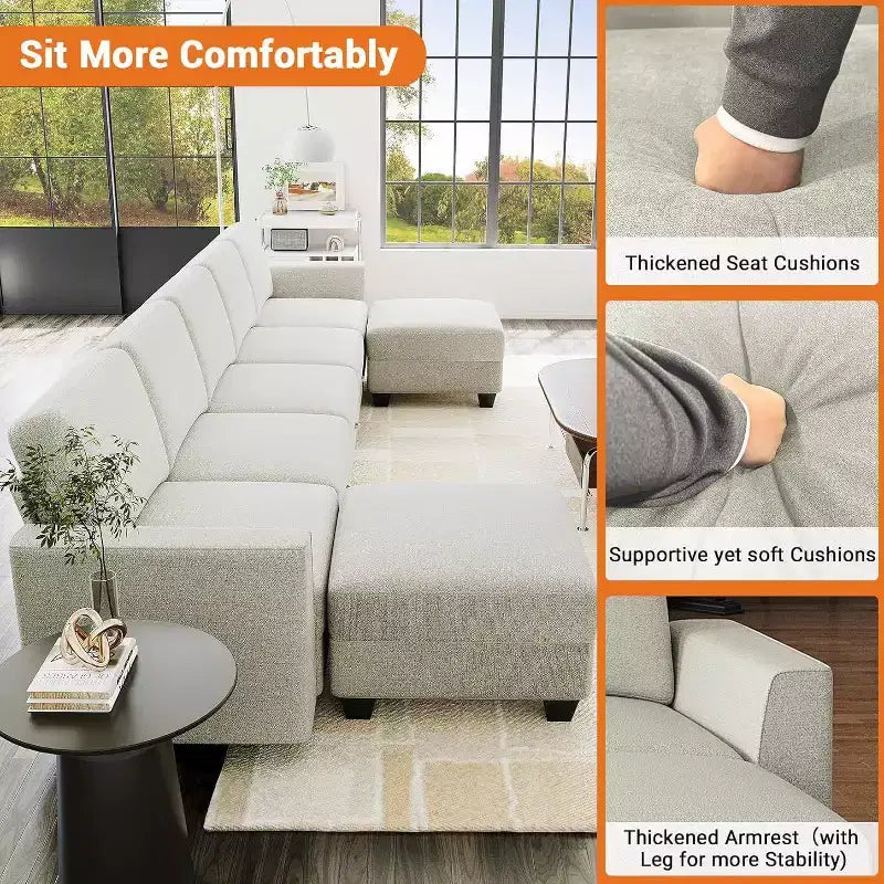 140 Divano Sezionale Grande a U con Pouf Chaise Longue, Divano Sezionale Modulare Convertibile con Pouf a 7 Posti per Soggiorno, Ufficio, Beige