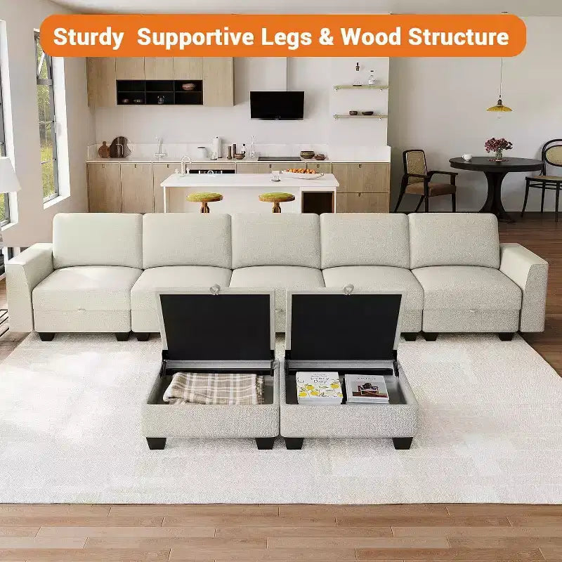 140 Divano Sezionale Grande a U con Pouf Chaise Longue, Divano Sezionale Modulare Convertibile con Pouf a 7 Posti per Soggiorno, Ufficio, Beige