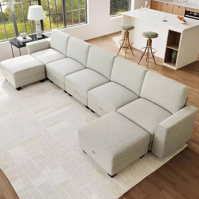 140 Divano Sezionale Grande a U con Pouf Chaise Longue, Divano Sezionale Modulare Convertibile con Pouf a 7 Posti per Soggiorno, Ufficio, Beige
