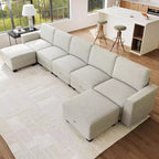 140 Divano Sezionale Grande a U con Pouf Chaise Longue, Divano Sezionale Modulare Convertibile con Pouf a 7 Posti per Soggiorno, Ufficio, Beige