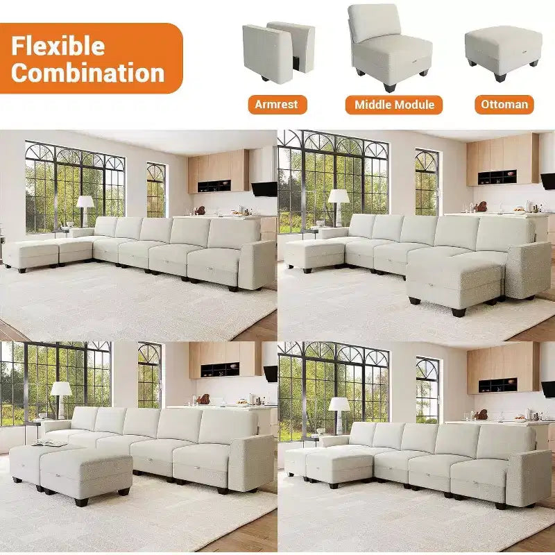 140 Divano Sezionale Grande a U con Pouf Chaise Longue, Divano Sezionale Modulare Convertibile con Pouf a 7 Posti per Soggiorno, Ufficio, Beige