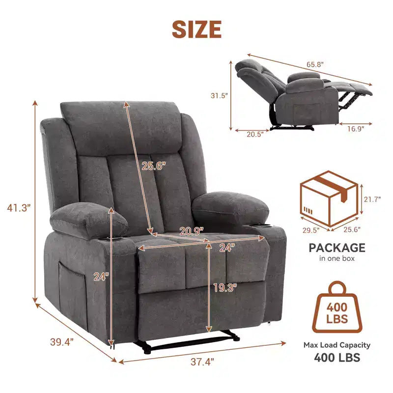Poltrona reclinabile girevole con massaggio e riscaldamento, divano lounge ergonomico di grandi dimensioni con poggiapiedi estensibile, portabicchieri per soggiorno, camera da letto