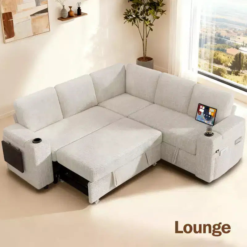 Divani Sezionali Modulari Dyonery Chenille per Soggiorno, Divano Comodo con Contenitore nel Bracciolo, Divano Letto Estraibile con Portabicchieri, Montaggio senza Attrezzi