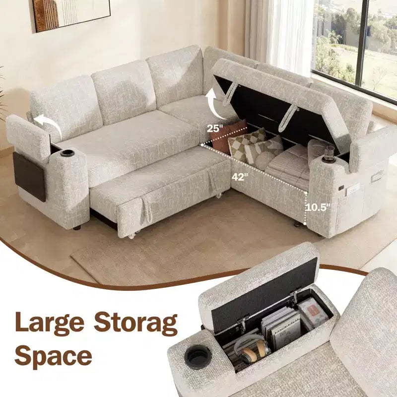 Divani Sezionali Modulari Dyonery Chenille per Soggiorno, Divano Comodo con Contenitore nel Bracciolo, Divano Letto Estraibile con Portabicchieri, Montaggio senza Attrezzi