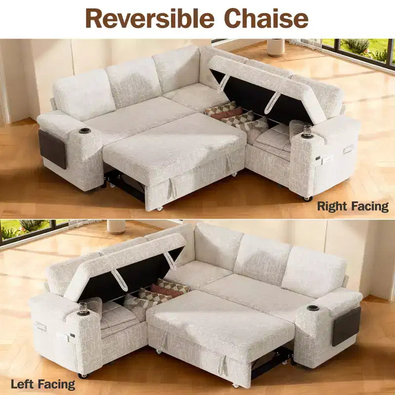 Divani Sezionali Modulari Dyonery Chenille per Soggiorno, Divano Comodo con Contenitore nel Bracciolo, Divano Letto Estraibile con Portabicchieri, Montaggio senza Attrezzi