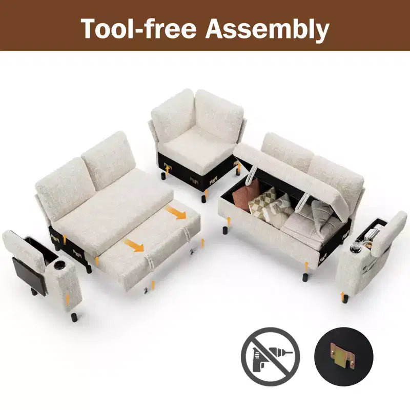 Divani Sezionali Modulari Dyonery Chenille per Soggiorno, Divano Comodo con Contenitore nel Bracciolo, Divano Letto Estraibile con Portabicchieri, Montaggio senza Attrezzi
