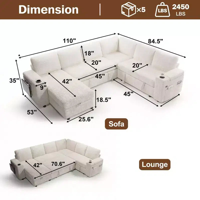Divani Sezionali Modulari Dyonery Chenille per Soggiorno, Divano Comodo con Contenitore nel Bracciolo, Divano Letto Estraibile con Portabicchieri, Montaggio senza Attrezzi