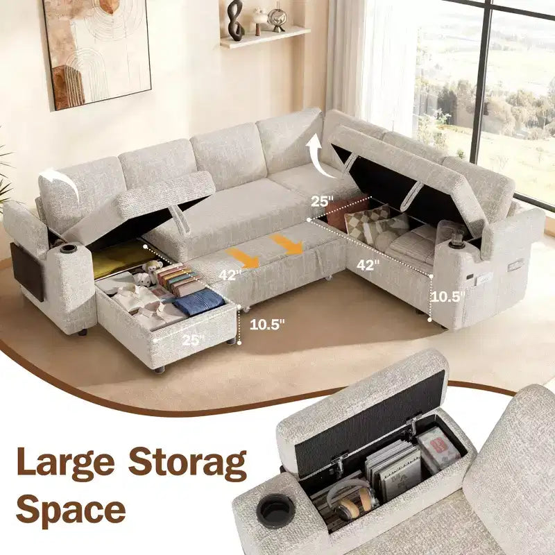 Divani Sezionali Modulari Dyonery Chenille per Soggiorno, Divano Comodo con Contenitore nel Bracciolo, Divano Letto Estraibile con Portabicchieri, Montaggio senza Attrezzi