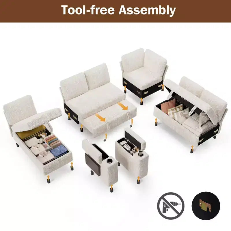 Divani Sezionali Modulari Dyonery Chenille per Soggiorno, Divano Comodo con Contenitore nel Bracciolo, Divano Letto Estraibile con Portabicchieri, Montaggio senza Attrezzi