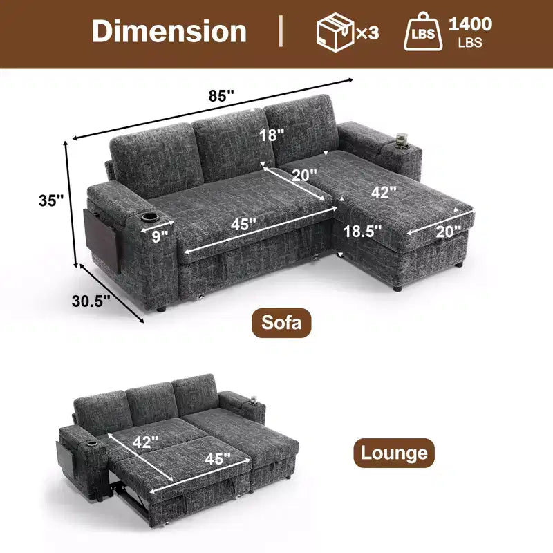 Divani Sezionali Modulari Dyonery Chenille per Soggiorno, Divano Comodo con Contenitore nel Bracciolo, Divano Letto Estraibile con Portabicchieri, Montaggio senza Attrezzi