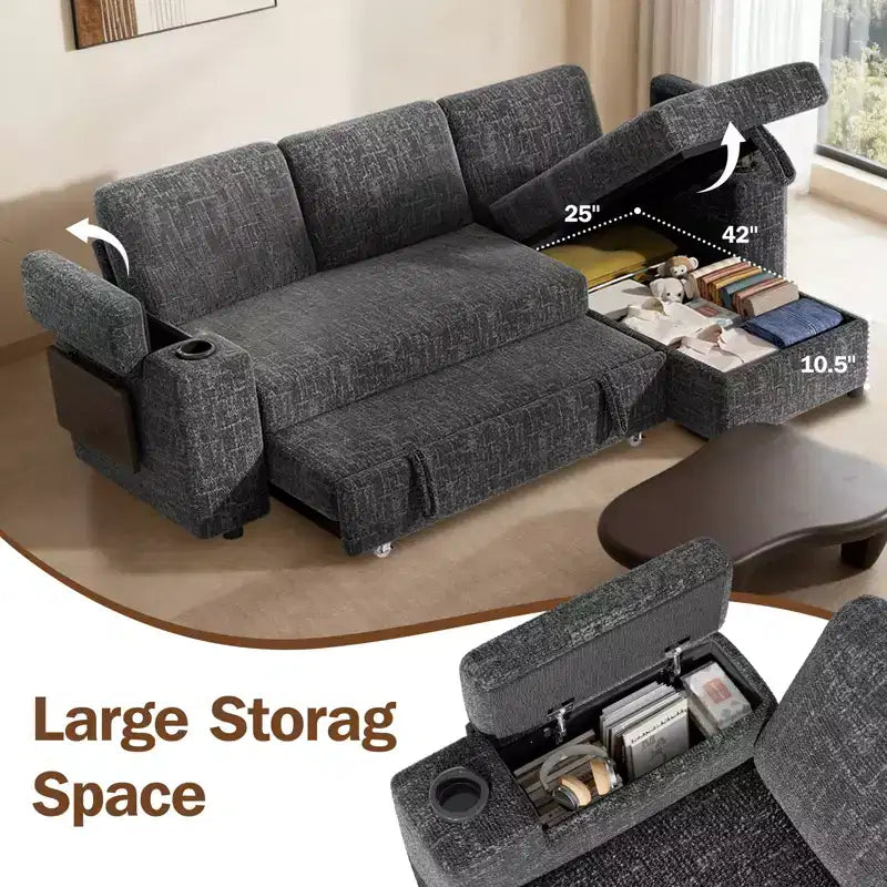 Divani Sezionali Modulari Dyonery Chenille per Soggiorno, Divano Comodo con Contenitore nel Bracciolo, Divano Letto Estraibile con Portabicchieri, Montaggio senza Attrezzi