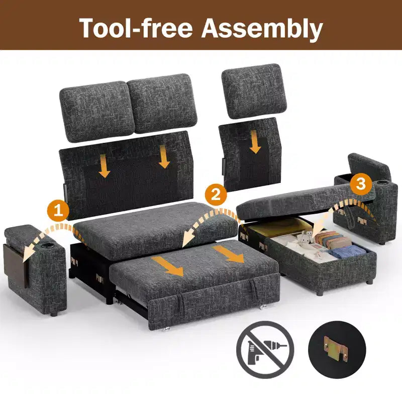 Divani Sezionali Modulari Dyonery Chenille per Soggiorno, Divano Comodo con Contenitore nel Bracciolo, Divano Letto Estraibile con Portabicchieri, Montaggio senza Attrezzi