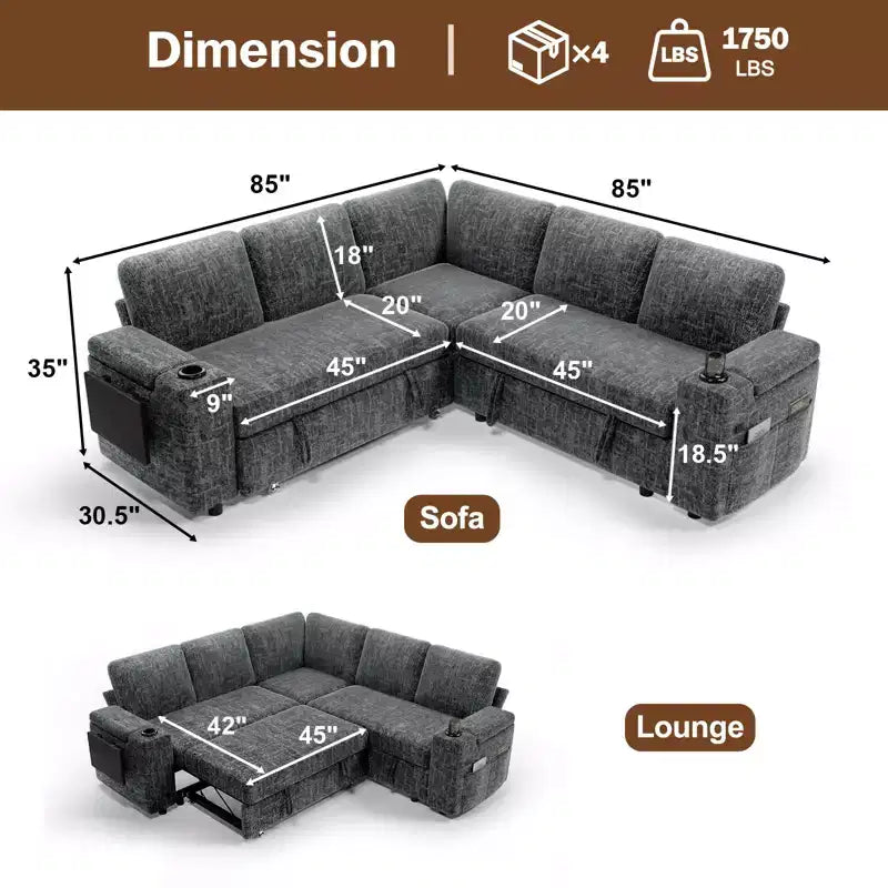 Divani Sezionali Modulari Dyonery Chenille per Soggiorno, Divano Comodo con Contenitore nel Bracciolo, Divano Letto Estraibile con Portabicchieri, Montaggio senza Attrezzi