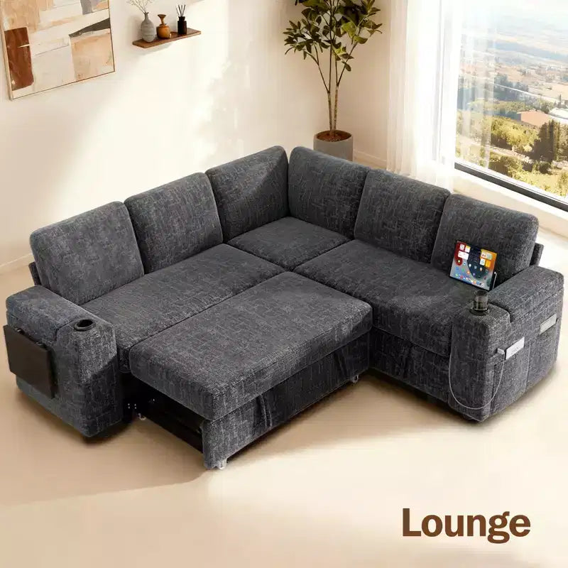Divani Sezionali Modulari Dyonery Chenille per Soggiorno, Divano Comodo con Contenitore nel Bracciolo, Divano Letto Estraibile con Portabicchieri, Montaggio senza Attrezzi