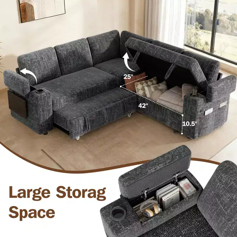 Divani Sezionali Modulari Dyonery Chenille per Soggiorno, Divano Comodo con Contenitore nel Bracciolo, Divano Letto Estraibile con Portabicchieri, Montaggio senza Attrezzi