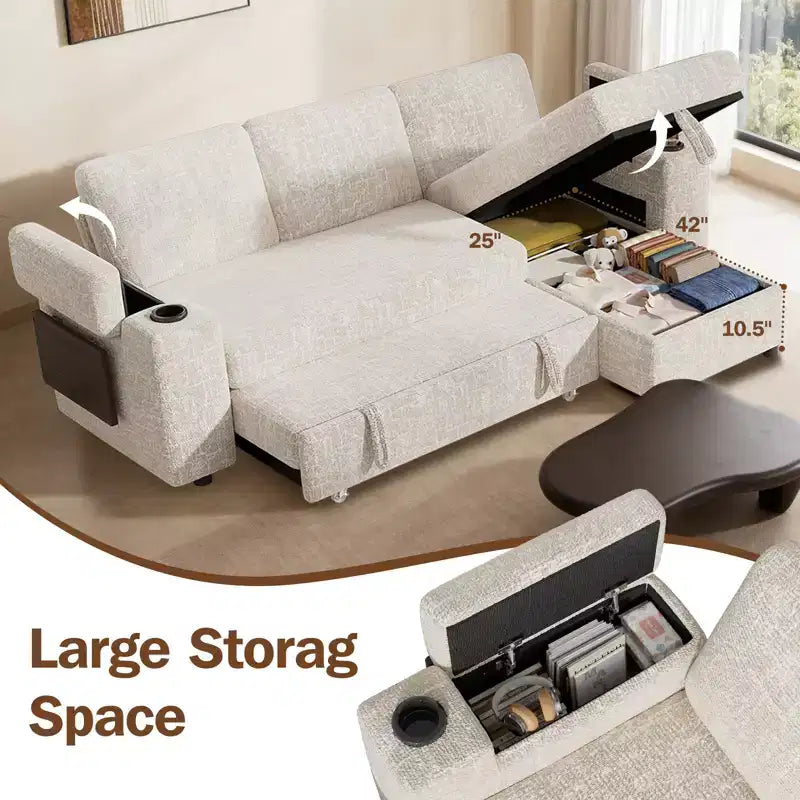 Divani Sezionali Modulari Dyonery Chenille per Soggiorno, Divano Comodo con Contenitore nel Bracciolo, Divano Letto Estraibile con Portabicchieri, Montaggio senza Attrezzi