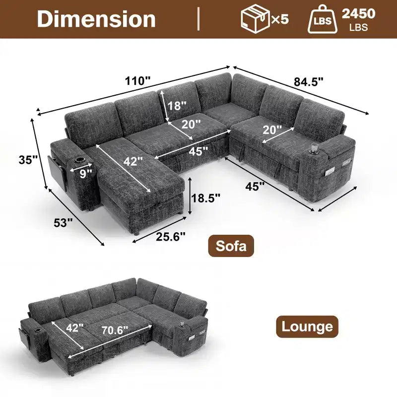 Divani Sezionali Modulari Dyonery Chenille per Soggiorno, Divano Comodo con Contenitore nel Bracciolo, Divano Letto Estraibile con Portabicchieri, Montaggio senza Attrezzi