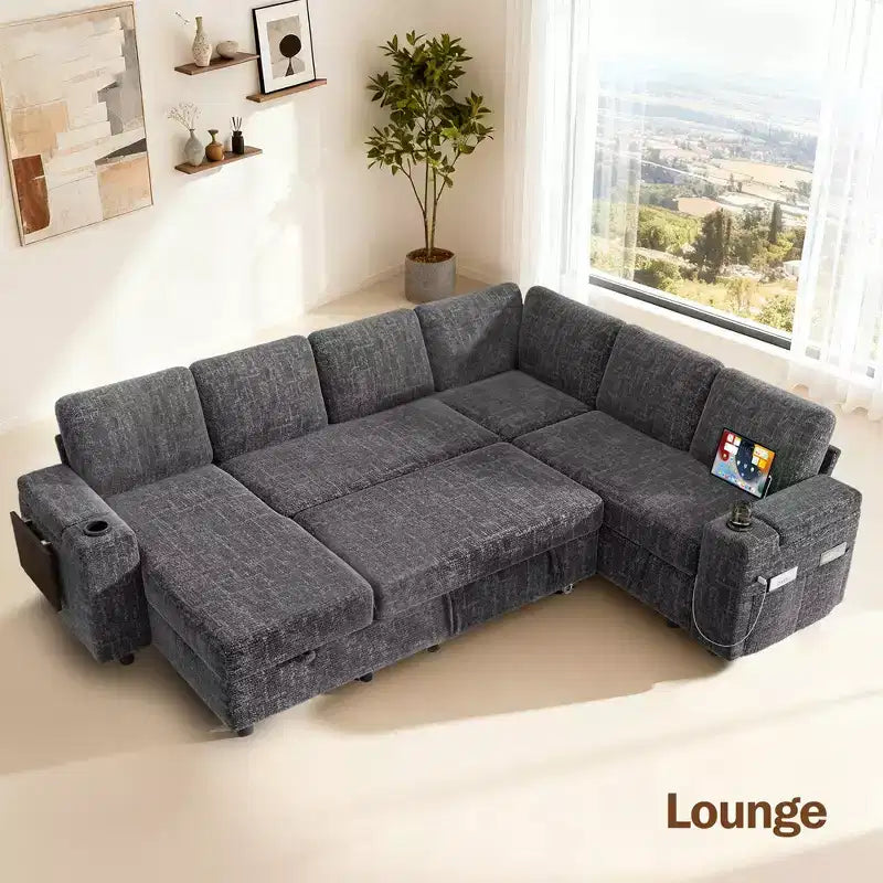 Divani Sezionali Modulari Dyonery Chenille per Soggiorno, Divano Comodo con Contenitore nel Bracciolo, Divano Letto Estraibile con Portabicchieri, Montaggio senza Attrezzi