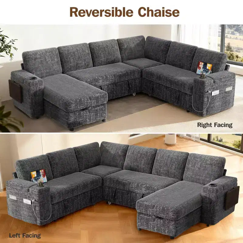 Divani Sezionali Modulari Dyonery Chenille per Soggiorno, Divano Comodo con Contenitore nel Bracciolo, Divano Letto Estraibile con Portabicchieri, Montaggio senza Attrezzi