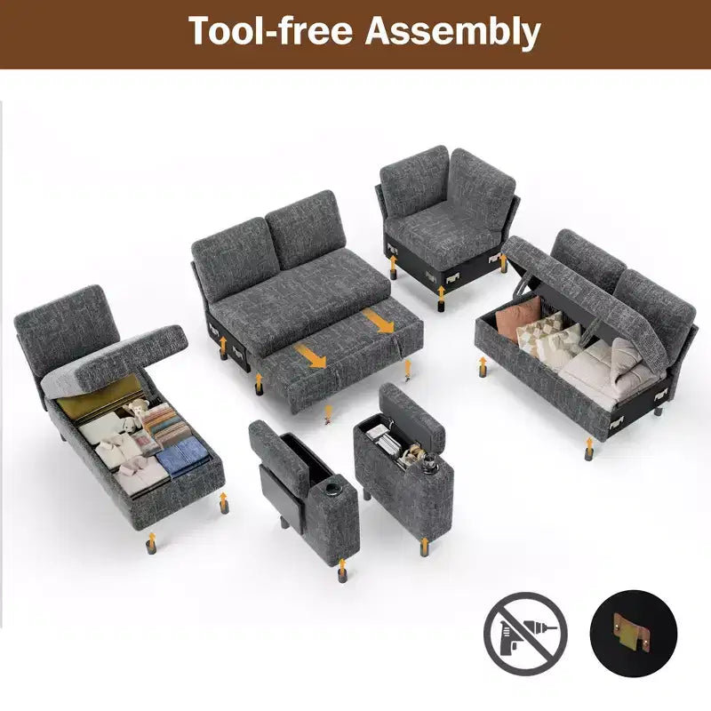 Divani Sezionali Modulari Dyonery Chenille per Soggiorno, Divano Comodo con Contenitore nel Bracciolo, Divano Letto Estraibile con Portabicchieri, Montaggio senza Attrezzi