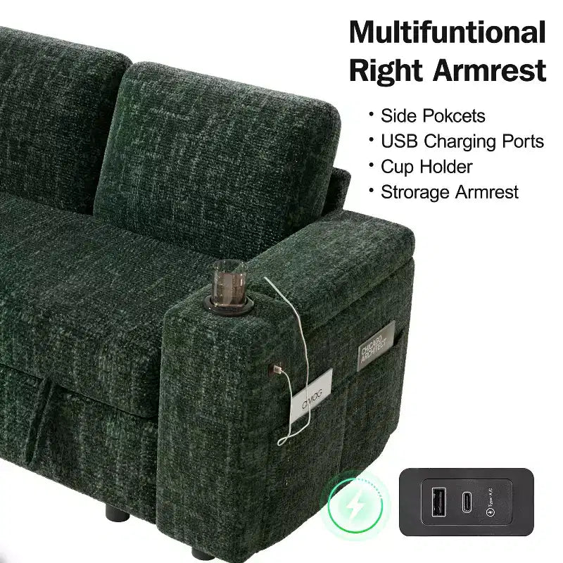 Divani Sezionali Modulari Dyonery Chenille per Soggiorno, Divano Comodo con Contenitore nel Bracciolo, Divano Letto Estraibile con Portabicchieri, Montaggio senza Attrezzi