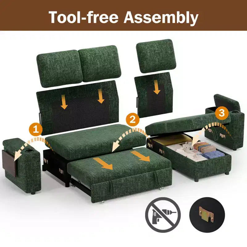 Divani Sezionali Modulari Dyonery Chenille per Soggiorno, Divano Comodo con Contenitore nel Bracciolo, Divano Letto Estraibile con Portabicchieri, Montaggio senza Attrezzi