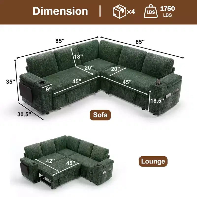 Divani Sezionali Modulari Dyonery Chenille per Soggiorno, Divano Comodo con Contenitore nel Bracciolo, Divano Letto Estraibile con Portabicchieri, Montaggio senza Attrezzi