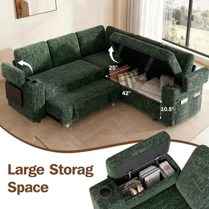 Divani Sezionali Modulari Dyonery Chenille per Soggiorno, Divano Comodo con Contenitore nel Bracciolo, Divano Letto Estraibile con Portabicchieri, Montaggio senza Attrezzi