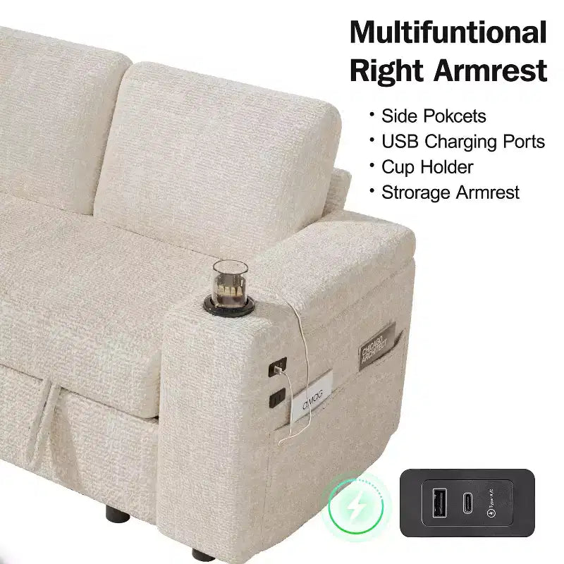 Divani Sezionali Modulari Dyonery Chenille per Soggiorno, Divano Comodo con Contenitore nel Bracciolo, Divano Letto Estraibile con Portabicchieri, Montaggio senza Attrezzi