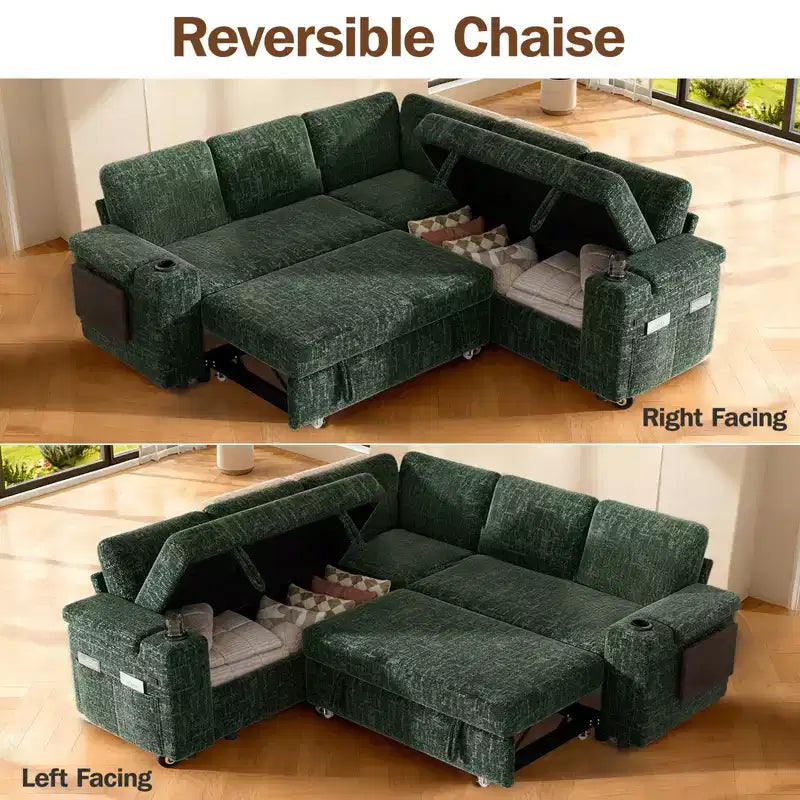 Divani Sezionali Modulari Dyonery Chenille per Soggiorno, Divano Comodo con Contenitore nel Bracciolo, Divano Letto Estraibile con Portabicchieri, Montaggio senza Attrezzi