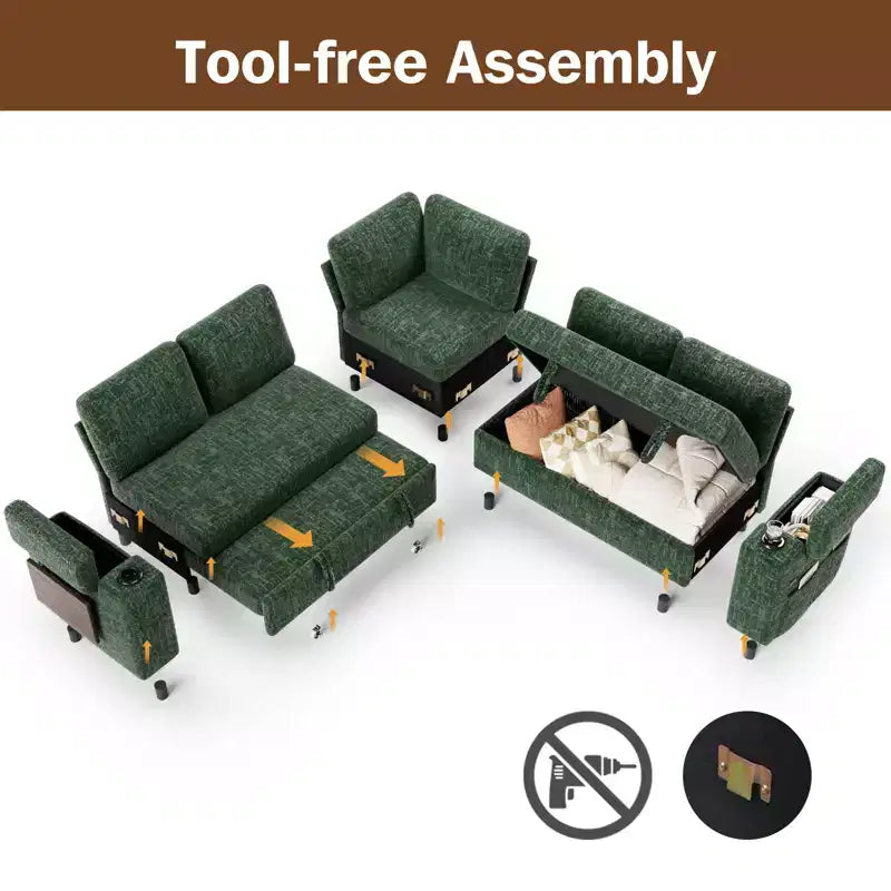 Divani Sezionali Modulari Dyonery Chenille per Soggiorno, Divano Comodo con Contenitore nel Bracciolo, Divano Letto Estraibile con Portabicchieri, Montaggio senza Attrezzi