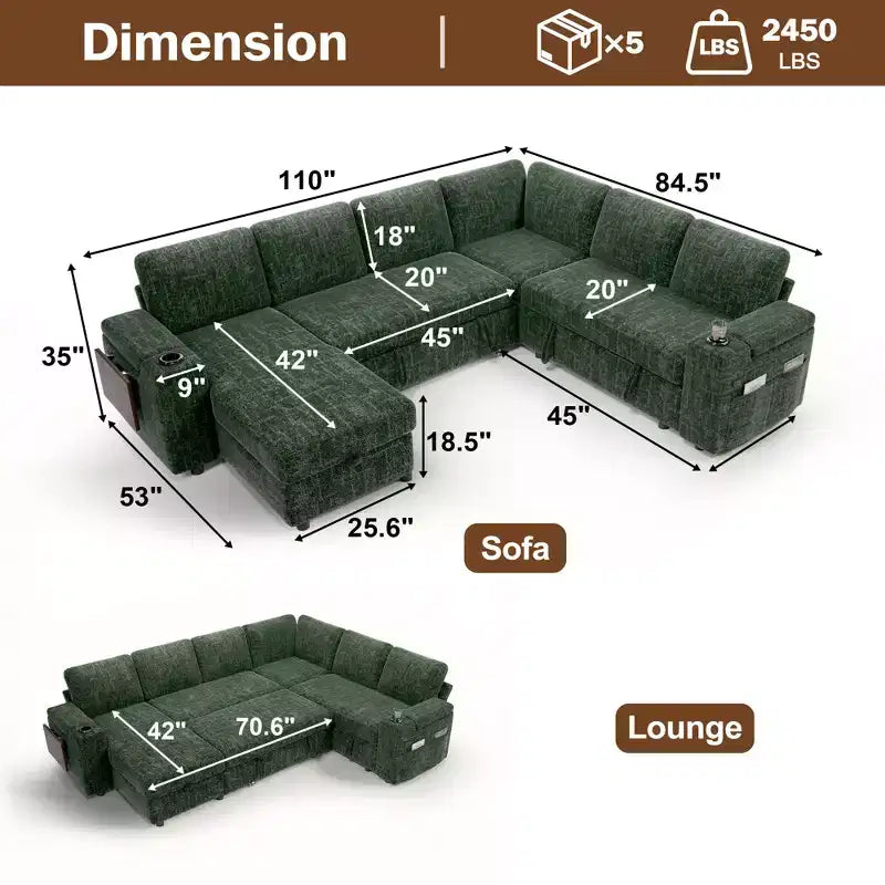 Divani Sezionali Modulari Dyonery Chenille per Soggiorno, Divano Comodo con Contenitore nel Bracciolo, Divano Letto Estraibile con Portabicchieri, Montaggio senza Attrezzi