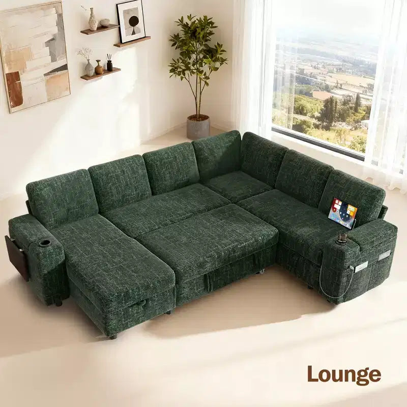 Divani Sezionali Modulari Dyonery Chenille per Soggiorno, Divano Comodo con Contenitore nel Bracciolo, Divano Letto Estraibile con Portabicchieri, Montaggio senza Attrezzi