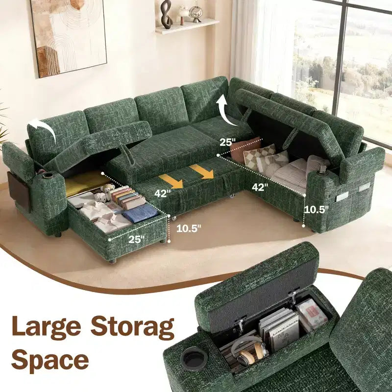 Divani Sezionali Modulari Dyonery Chenille per Soggiorno, Divano Comodo con Contenitore nel Bracciolo, Divano Letto Estraibile con Portabicchieri, Montaggio senza Attrezzi