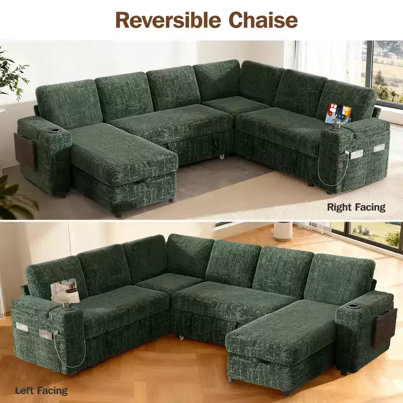 Divani Sezionali Modulari Dyonery Chenille per Soggiorno, Divano Comodo con Contenitore nel Bracciolo, Divano Letto Estraibile con Portabicchieri, Montaggio senza Attrezzi