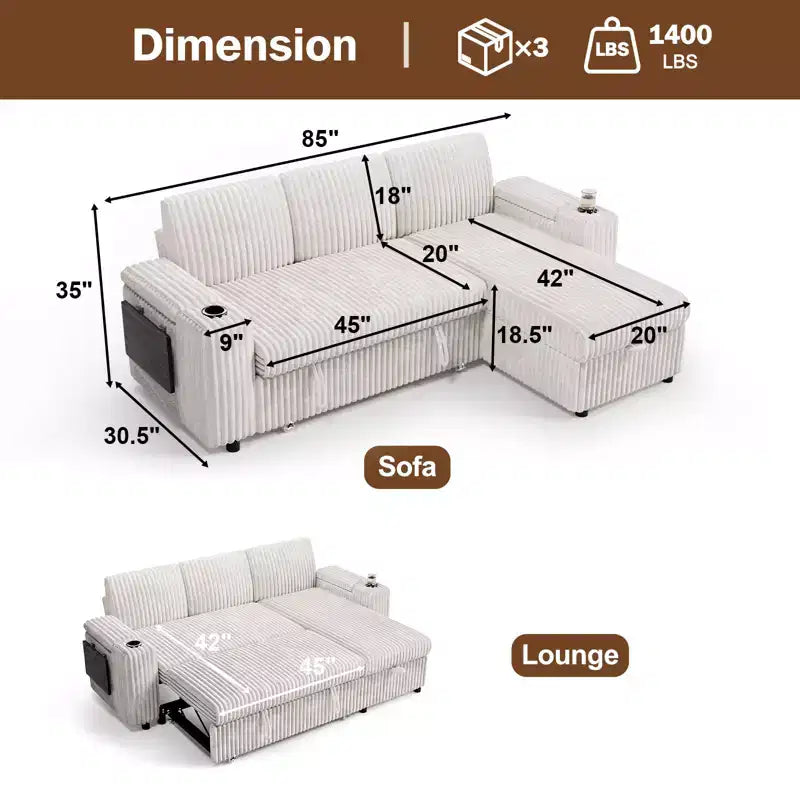 Divani Sezionali Modulari Dyonery Chenille per Soggiorno, Divano Comodo con Contenitore nel Bracciolo, Divano Letto Estraibile con Portabicchieri, Montaggio senza Attrezzi