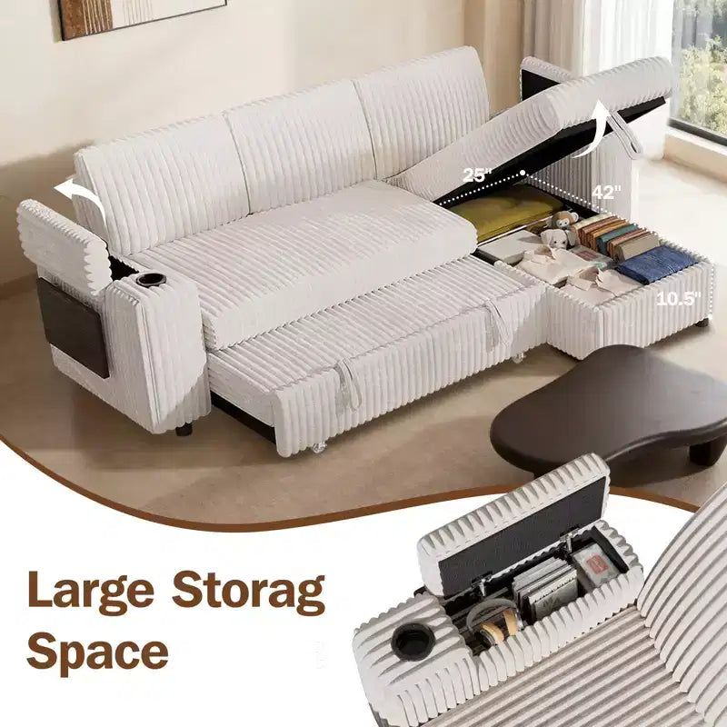Divani Sezionali Modulari Dyonery Chenille per Soggiorno, Divano Comodo con Contenitore nel Bracciolo, Divano Letto Estraibile con Portabicchieri, Montaggio senza Attrezzi